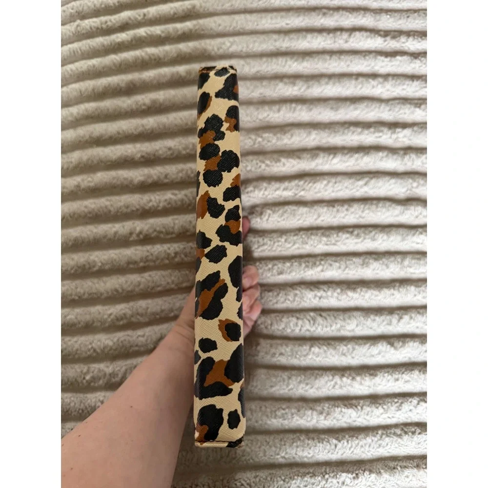 Tory Burch Leopard Print iPad Case Saffiano Leather Tech Accessory Tan Brown